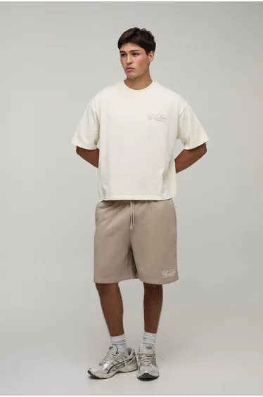 Oversized Boxy Printed French Riviera T-Shirt & Baggy Short Set - ecru