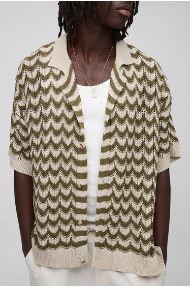 Regular Fit Revere Wavy Abstract Knitted Shirt