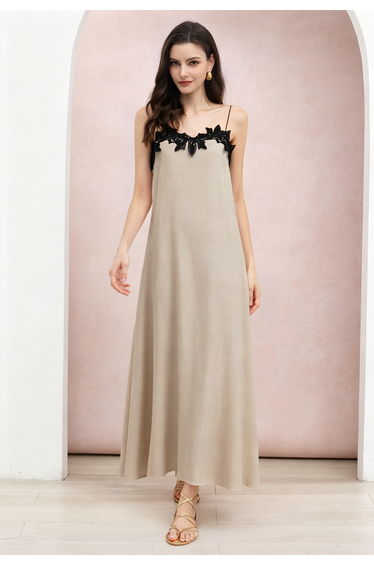 Contrast Lace Applique Cami Maxi Dress in Khaki for Coastal Getaways & Outdoor Brunches