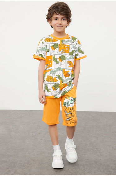 Orange Boy's Dinosaur Patterned T-shirt-Shorts Set Knitted Top-Bottom Set