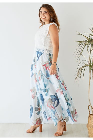 Tropical Floral Watercolor Maxi Skirt in White