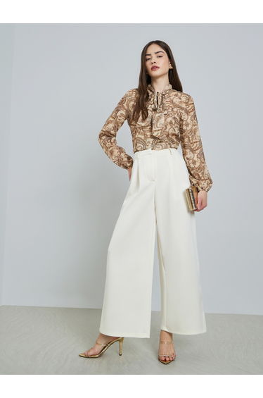 Cream Pleated Wide Leg Trousers