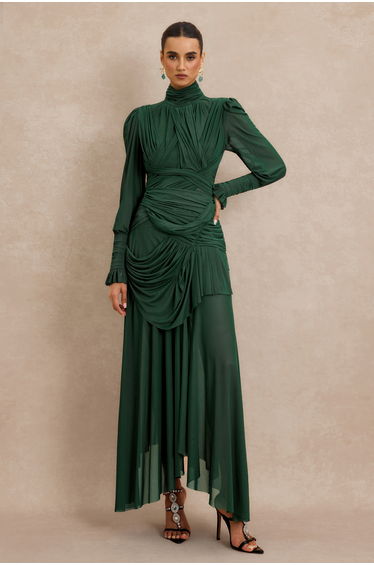 Stand Collar Gathering Midi Dress