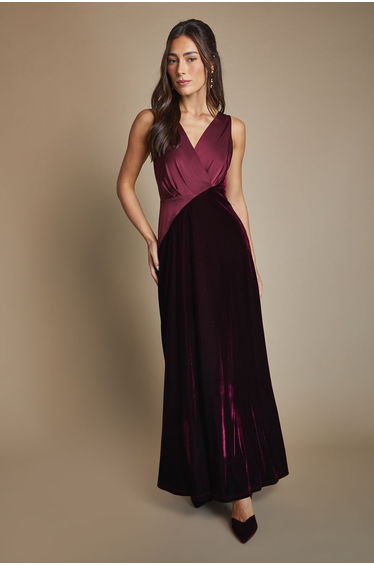 Velvet Contrast V Neck Full Skirt Maxi Bridesmaid Dress