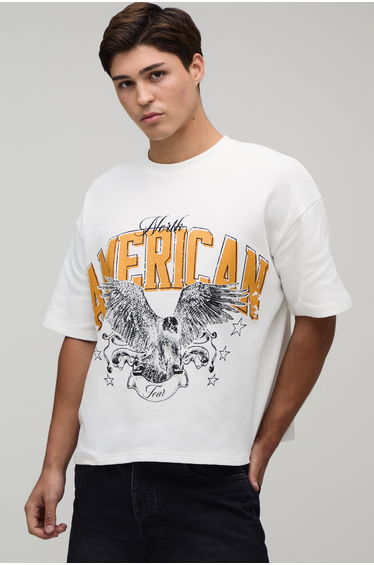 Oversized Waffle Eagle Print Short Sleeve T-shirt - ecru