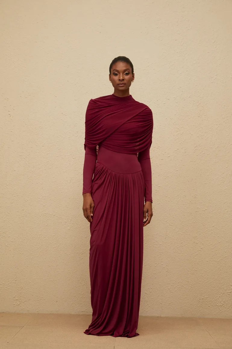 Catherine Red Asymmetrical Pleated Long-Sleeve Maxi Dress Miss Rosier Red :  Evening Dresses : VogaCloset Libya