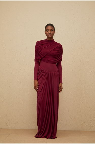 Catherine Red Asymmetrical Pleated Long-Sleeve Maxi Dress