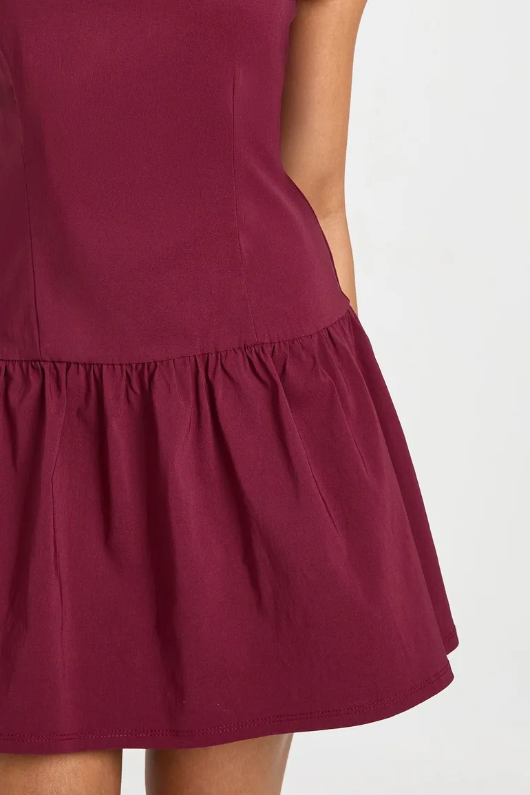 Bengaline Cap Sleeve Frill Hem Skater Dress - burgundy - 3
