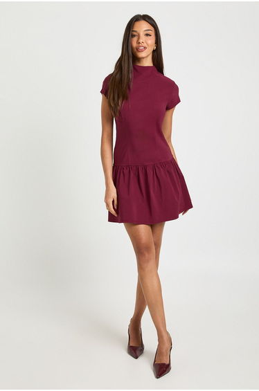 Bengaline Cap Sleeve Frill Hem Skater Dress - burgundy