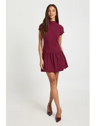 Bengaline Cap Sleeve Frill Hem Skater Dress - burgundy