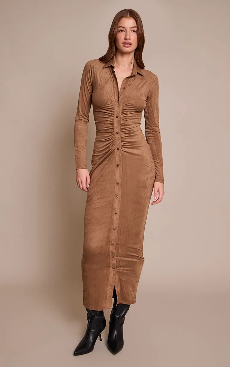 Chocolate Faux Suede Long Sleeve Ruched Button up Maxi Dress Prettylittlething Brown : Day Dresses : VogaCloset Jordan Chocolate Faux Suede Long Sleeve Ruched Button up Maxi Dress Prettylittlething Brown : Day Dresses : VogaCloset Jordan