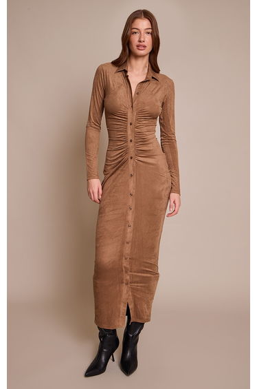 Chocolate Faux Suede Long Sleeve Ruched Button up Maxi Dress