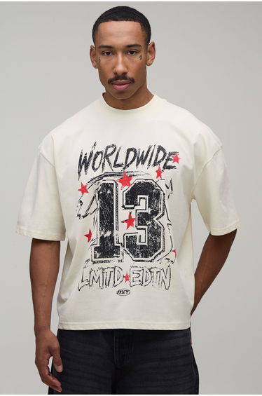 Oversized Boxy Worldwide Varsity Print T-Shirt - ecru