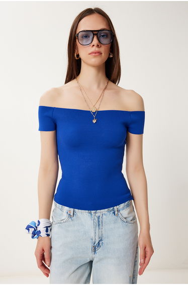 Women's Dark Blue Boat Neck Summer Knitwear Blouse