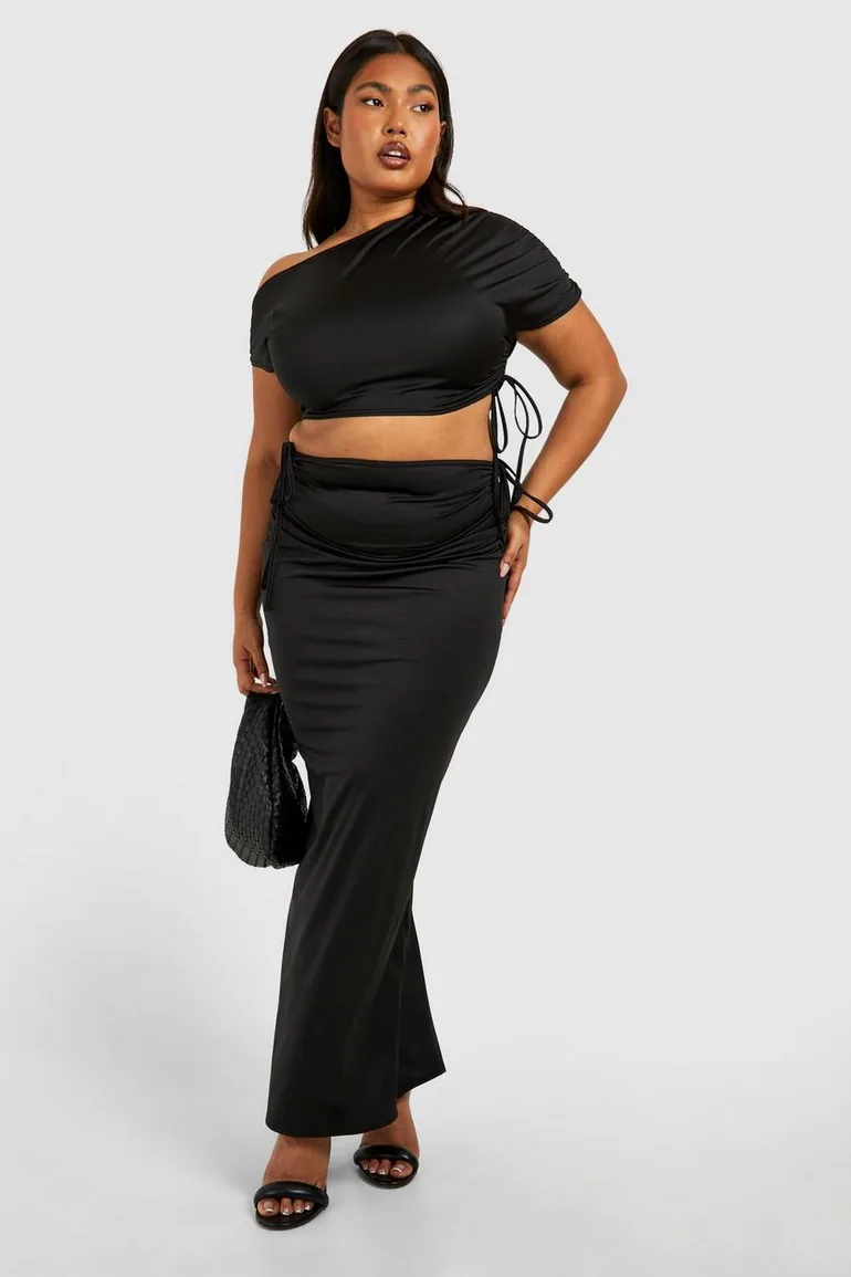 Plus Ruched Drape Shoulder Crop Top And Maxi Skirt - black - 2