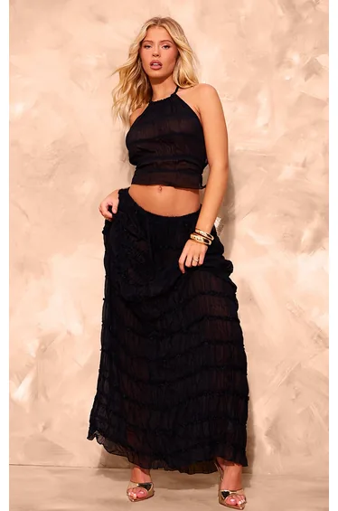 Black Chiffon Ruched Netting Detail Maxi Skirt