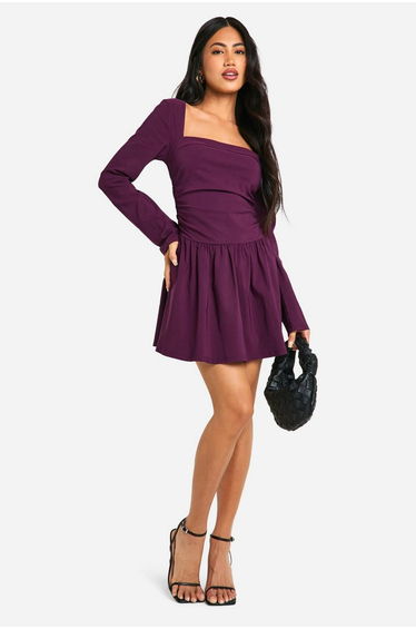 Square Neck Long Sleeve Skater Mini Dress - plum