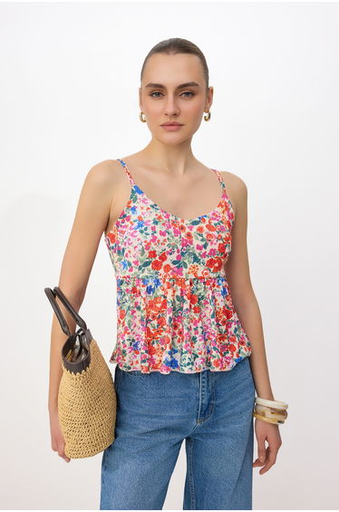 Multi-Colored Floral Fitted/V-Front Slim Strap Sleeveless Textured Knitted Blouse