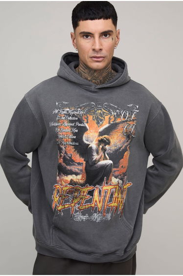 Tall Charcoal Oversized Graphic Washed Hoodie - charcoal