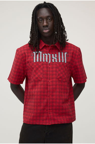 Tall Oversized Microcheck MMXIII Applique Double Pocket Boxy Shirt - red