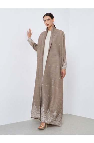 Floral Printed Textured Pleated Belted Long Sleeve Abaya