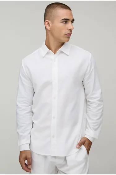 Regular Fit Long Sleeve Linen Blend Shirt - white