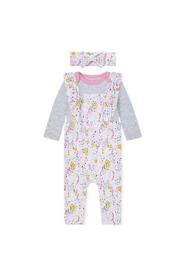 3-Piece Floral Dungaree, Bodysuit and Headband Set