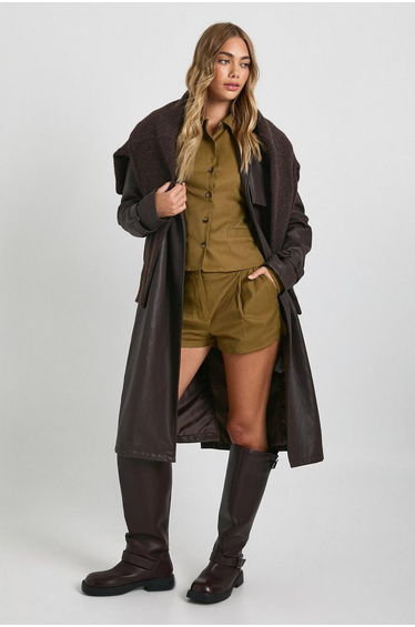 Longline Shoulder Pad Shirt & Shorts Co-ord - olive