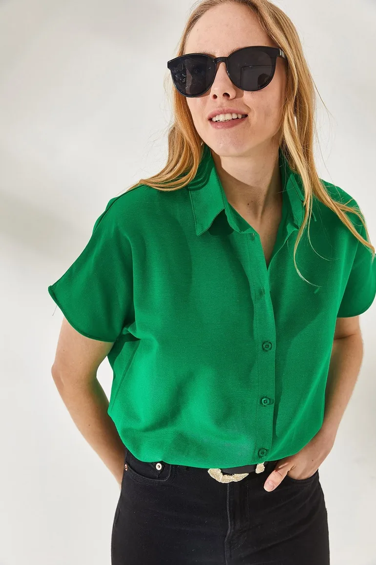 Women's Grass Green Bat Oversized Linen Shirt
