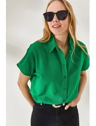 Women's Grass Green Bat Oversized Linen Shirt