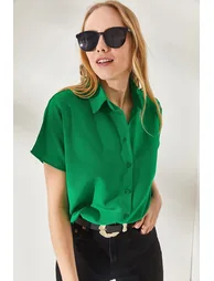 Women's Grass Green Bat Oversized Linen Shirt - 1