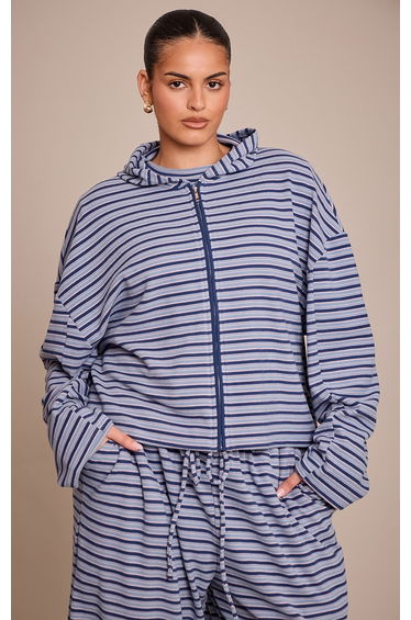Plus Navy Striped Soft Fleece Zip Up Hoodie