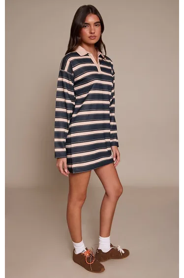 Black Contrast Striped Collar Detail Long Sleeve Shift Dress