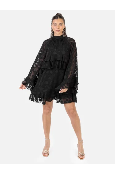 فستان قصير بأكمام طويلة بحافة واسعة بنقشة أزهار شبه شفاف - أسود