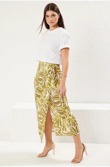 Khaki Front Tie Detail Double Breasted Closure Satin Midi Weaving Skirt