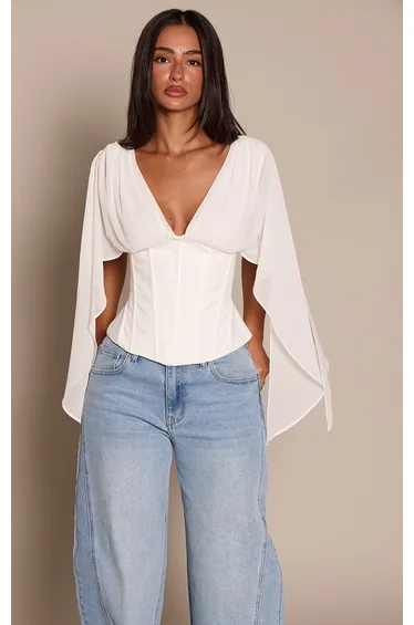 Petite White Corset Waist Chiffon Drape Sleeve Top