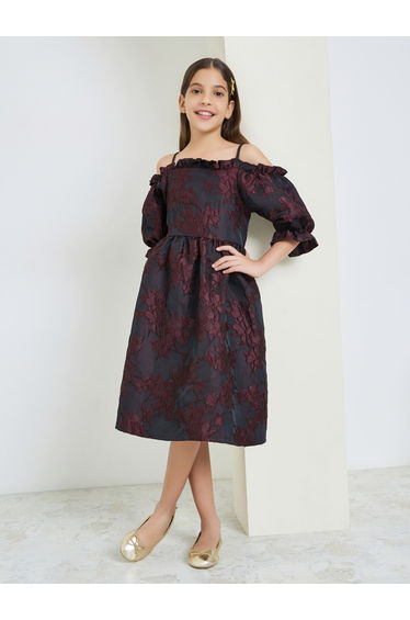 Girls Burgundy Cold-Shoulder Sleeve Dress