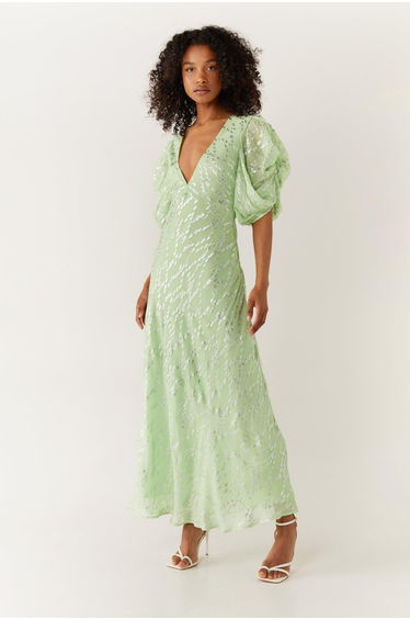 Sparkle Floral V Neck Puff Sleeve Midi Dress