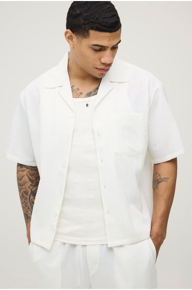 Oversized Boxy Fit Short Sleeve Irregular Pleat Shirt - white
