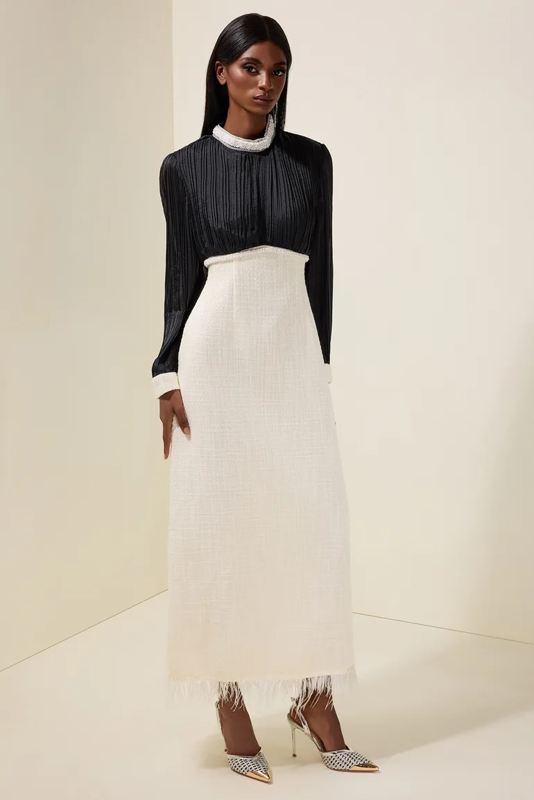 Tweed Contrast Color Rhinestone Feather Midi Dress - 5