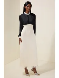 Tweed Contrast Color Rhinestone Feather Midi Dress - 5