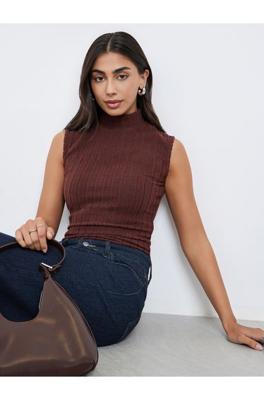 Brown Sleeveless Fitted Knit Top