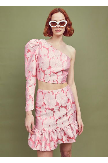 Joanna Co-ord Asymmetric Puff Sleeve Crop Top -Jacquard