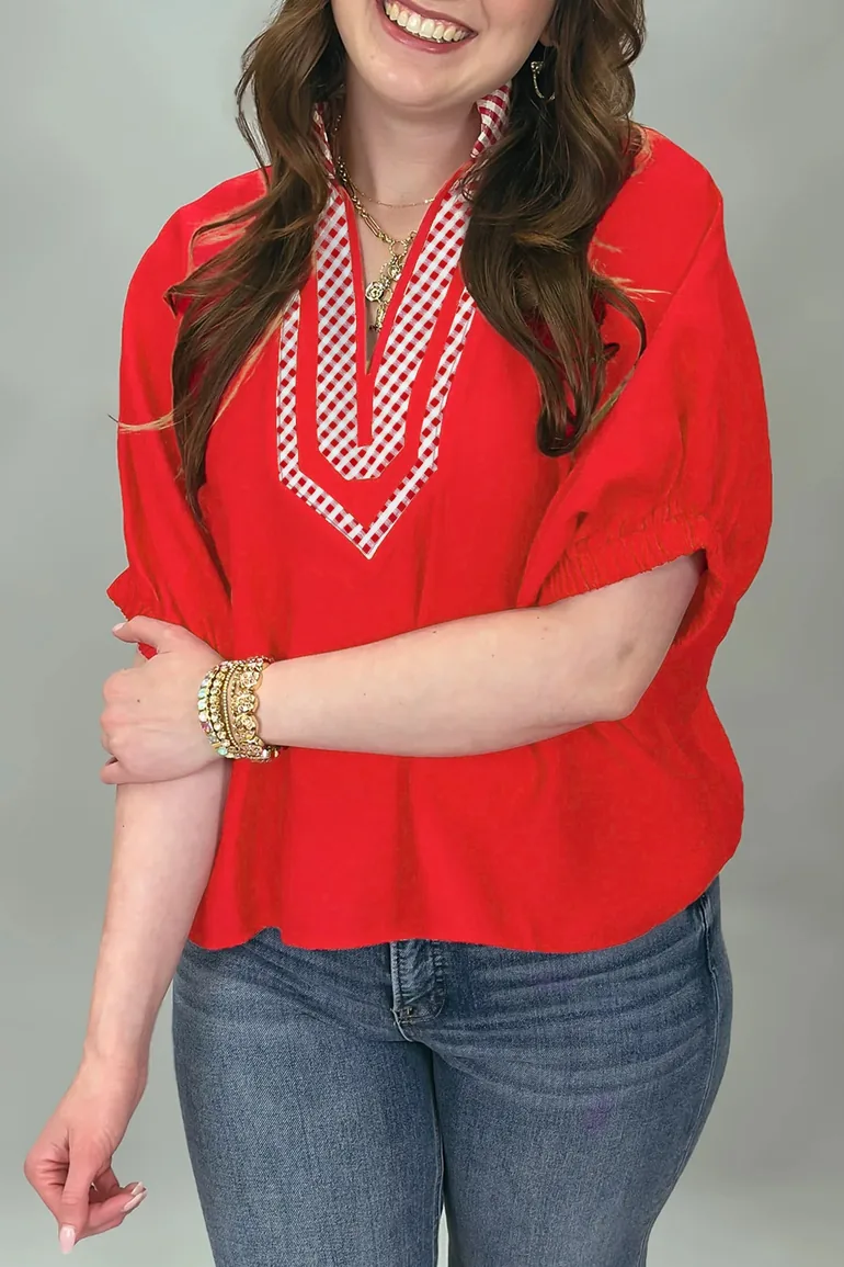 Lvness Red V Neck Plaid Collar Short Sleeve Tunic Blouse - 3