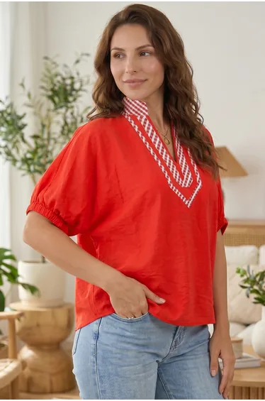Lvness Red V Neck Plaid Collar Short Sleeve Tunic Blouse