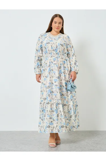 Plus Size Floral Long Sleeves A-Line Maxi Dress