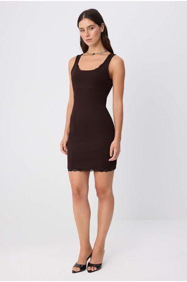 Brown Plain Bodycon Pool Collar Lace Detailed Mini Interlock Knitted Dress