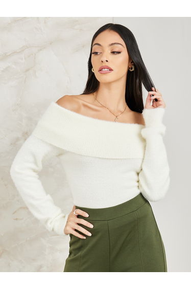 Regular Fit Fuzzy Yarn Off Shoulder Neck Sweater