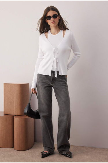 Bone V-Neck Mercerized Look Knitwear Cardigan-Blouse Set