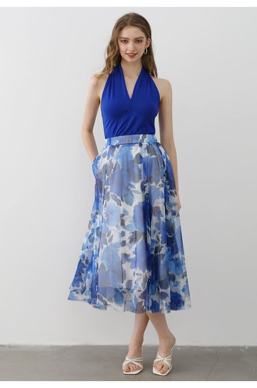 Optimal Halter V-Neck Sleeveless Top in Blue